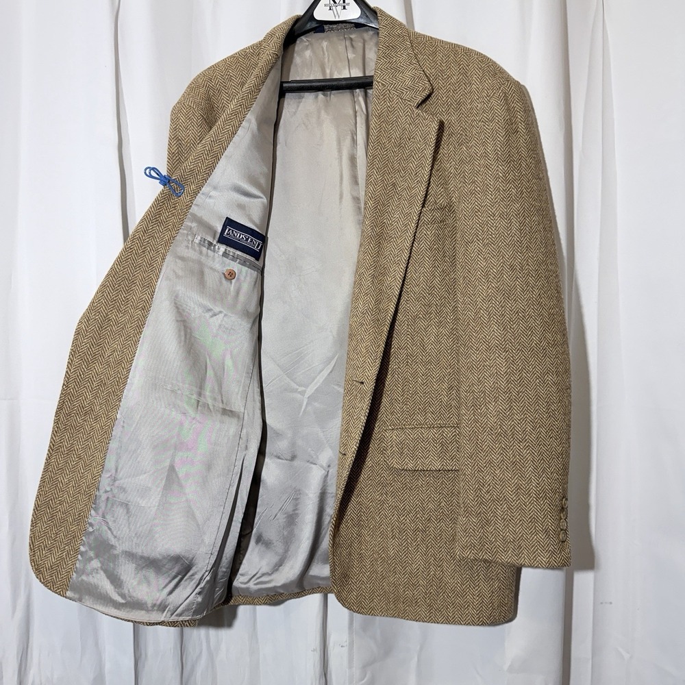 Vintage Harris Tweed Lands' End Blazer Jacket Mens 44L Wool Herringbone Brown
